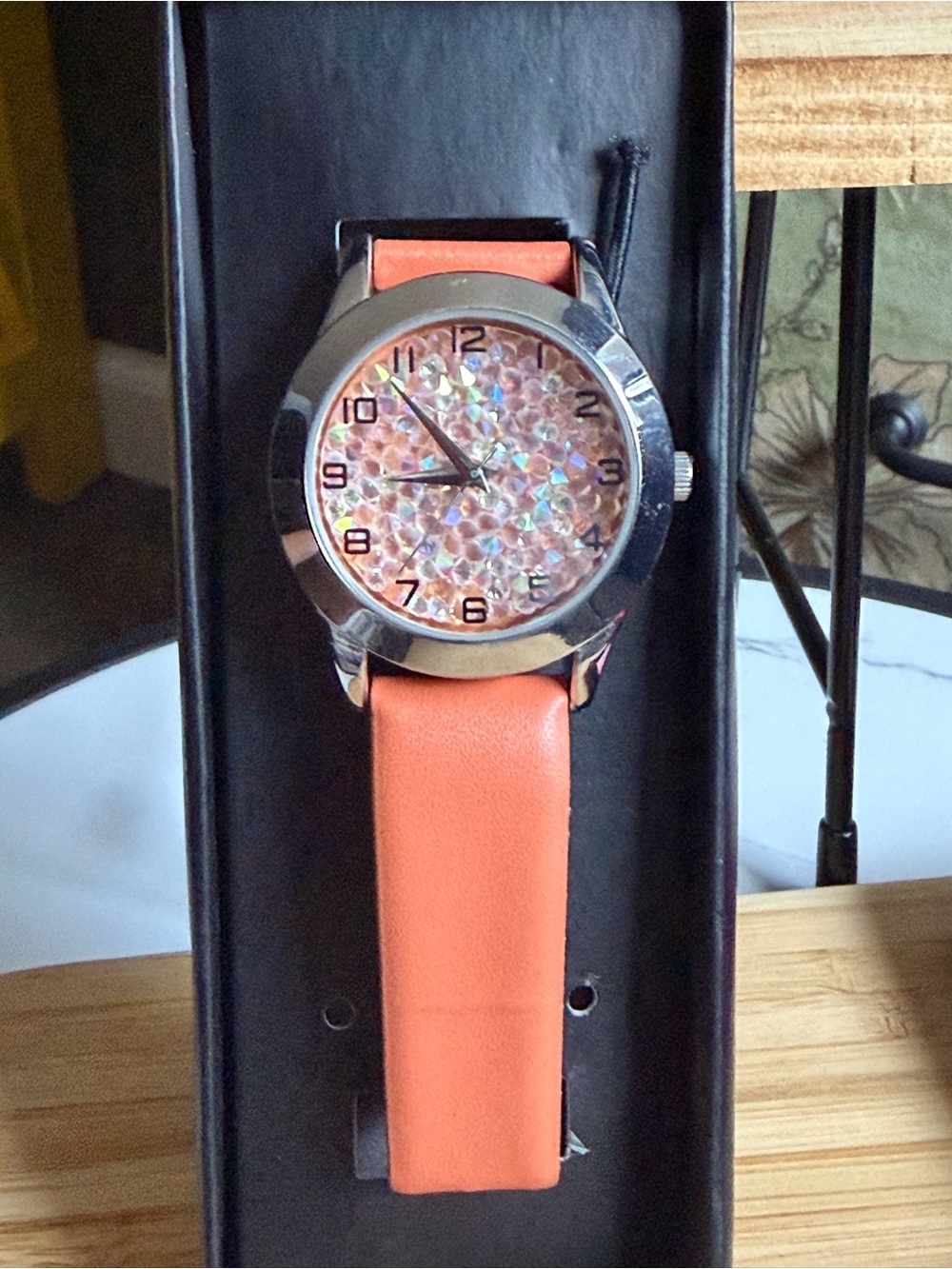 Avon Watch Me Shine Wristwatch Melon Orange Sparkle Glitter Dial